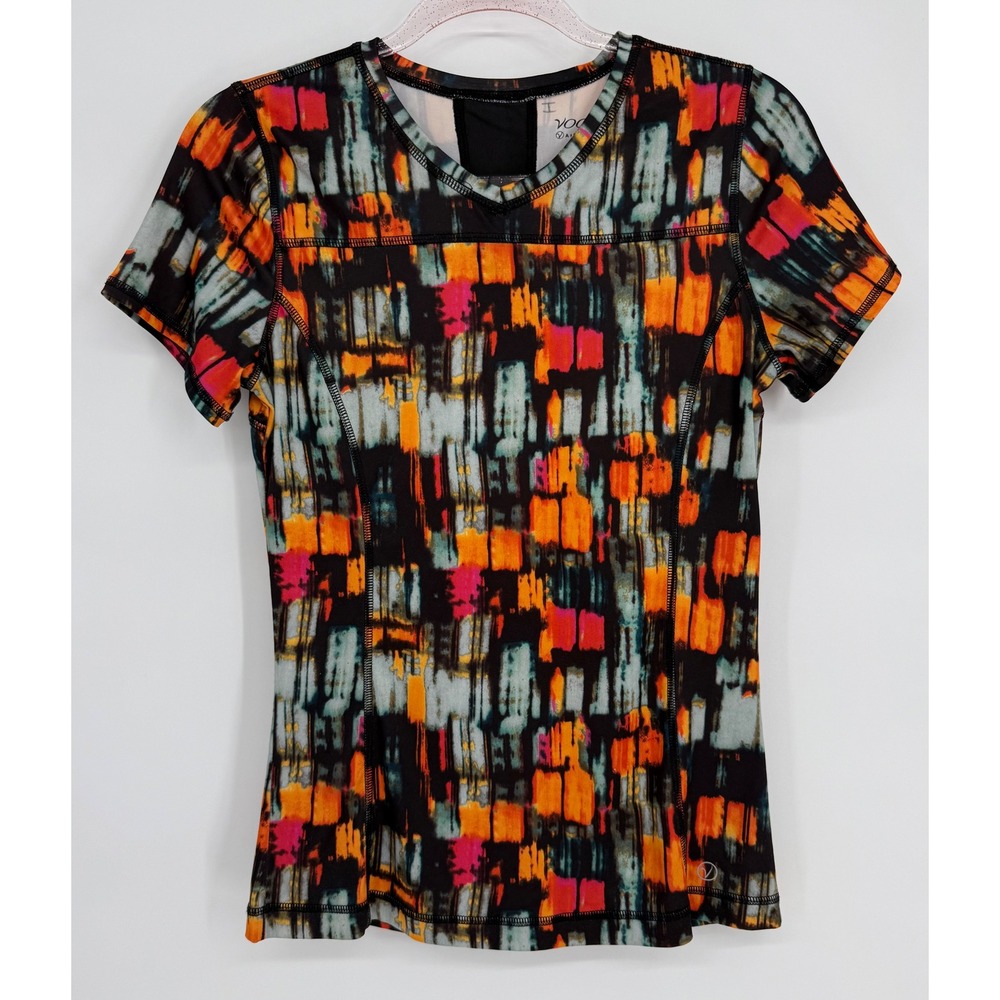 Vogo Athletica Womens Abstract Print Activewear Tee Mesh‎ Back Orange Pink Sz S